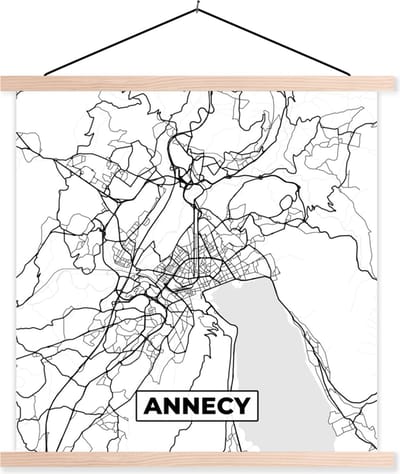 Posterhanger incl. Poster 40x40 cm - Schoolplaat - Frankrijk - Kaart - Plattegrond - Annecy - Stadskaart - Zwart wit - Textielposter - Blanke latten - Stadskaart