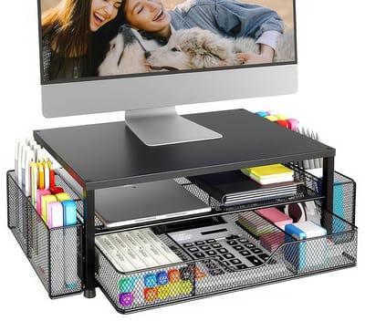 Lemlit Monitorstandaard - Beeldschermverhoger en Bureau Organizer met Lade en 2 Pennenhouders - Metaal 49,5x19,5x9 cm - Zwart