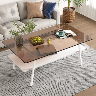 STILVORA Salontafel - Gehard Glas Met MDF Onderstel - Moderne Woonkamertafel Met Metalen Poten - Glas Bruin;Wit - 98x58x42,5 Cm