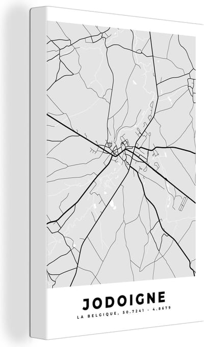 Canvas Schilderij Stadskaart – Plattegrond – België – Zwart Wit – Jodoigne – Kaart - 20x30 cm - Wanddecoratie