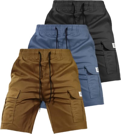 Livano Korte Broek Heren - Cargobroek - Spijkerbroek - met Zakken - Volwassenen - Jongens - Shorts - 3 Pcs - Bruin/Zwart/Blauw - Maat XXS