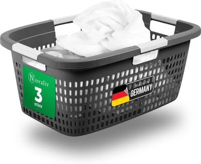 Novaliv 3-delige wasmand met 4 handgrepen 40L antraciet, wasboxset, wasemmer, wascontainer voor badkamerwas, vuile was, wasmand, opbergmand, verzamelbox