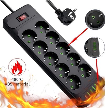Stekkerdoos met 10 stopcontacten, EU-stekker, USB-poorten, verlengsnoer-Zwart