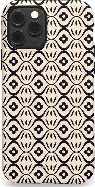 Casetastic hoesje geschikt voor Apple iPhone 12 / Apple iPhone 12 Pro - MagSafe - Dubbellaagse bescherming - Retro crème-zwarte bloemenprint - Fashion Case - Crème Grijs Donkergrijs