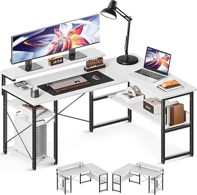 hoekbureau wit-opbergplanken-bureau L-vorm-137 x 102 x 76 cm-met CPU-standaard-omkeerbare computertafel met verstelbare lange monitorstandaard