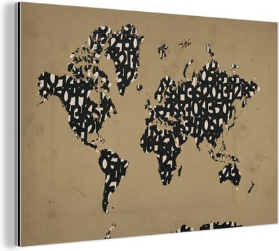 Aluminium schilderij 180x120 cm - Wanddecoratie metaal - Wereldkaart - Cijfers - Bruin - Metalen muurdecoratie woonkamer - Decoratie industrieel - Foto op dibond - Industriële accessoires slaapkamer