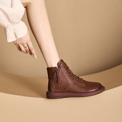 Bottes en cuir véritable délavées vintage pour femmes, chaussures plates décontractées à double fermeture éclair latérale 38
