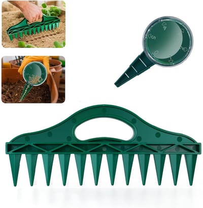 2-delige zaaimachineset - Zaadverdeler - Harkopeningmachine - Zaaimachine - Zaadafstandhouder - Zaaimachine met meerdere gaten - Opkweken van zaailingen - Tuingereedschap - Geschikt voor het planten van gewassen en het zaaien van planten - Groen