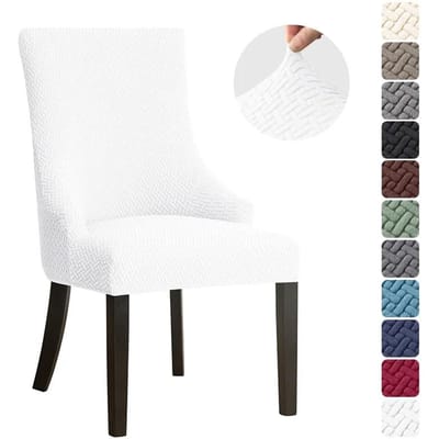 1 STuks Eetkamerstoelhoes Jacquard Elastisch Hoge Rug Schuine Fauteuil Overtrekken Effen Kleur Stof Meubelbeschermer Hotel Bruiloft white