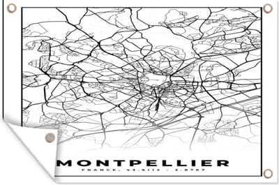Muurdecoratie Stadskaart - Montpellier - Plattegrond - Kaart - Frankrijk - Zwart wit - 180x120 cm - Tuinposter - Tuindoek