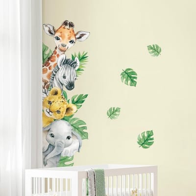 Jungle Dieren Muurstickers voor Kinderkamer - Giraffe, Zebra en Groene Bladeren Decoratie voor Baby's en Kinderen