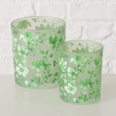 Theelichthouder bloem groen, set van 2 stuks. 7x8cm 9x10cm