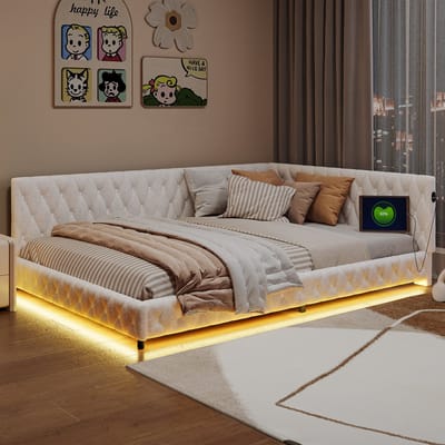 Teddy Fluwelen Sofa Bed 140x200 cm Beige met LED Verlichting en USB Tweepersoonsbed