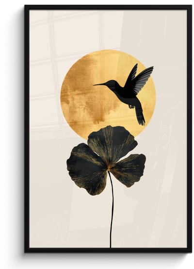 Poster in lijst - Fotolijst 80x120 cm - Posters - Zwarte kolibrie - Bloem - Gouden cirkel - Posterlijst zwart - Decoratie - Wanddecoratie woonkamer - Muurdecoratie slaapkamer