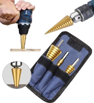 HSS Stappenboor Bit Set Van 3 I Trappenboor I Titanium Coating I 3-12 mm/ 4-12 mm / 4-20 mm / I Voor Hout & Metaal I Incl. Opbergtas