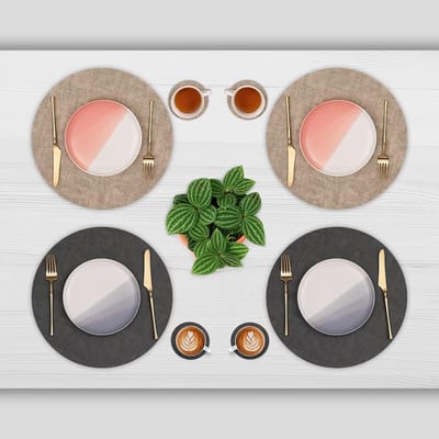 Candala - Lederen Placemat Rond en Onderzetters, Tafelmatten Waterdichte Afveegbare Dubbelzijdige Plaats Matten Koffiematten Antislip Wasbare Placemats en Coaster (Grijs Beige, Sets 6)