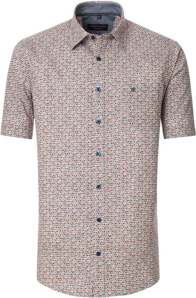 CASA MODA Sport casual fit overhemd - korte mouw - popeline - wit met oranje en blauw dessin - Strijkvriendelijk - Boordmaat: 39 - 40