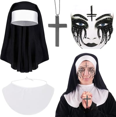 4-delige nonnenkostuum voor dames, griezelige Halloween nonnenoutfit met kruis ketting, glinsterende gezichtsteentjes, kap en kraag, perfect voor Halloween, carnaval en cosplay evenementen