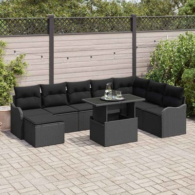vidaXL Tuinbank Set met kussen met opslag 9 pcs Zwart Poly rattan
