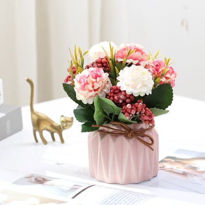 IBETTERTEC Kunstplant Kunstmatige Hortensia Plant in Pot - Decoratieve Nepbloemen met Keramische Vaas (Seidenstrauß Stijl) - Realistische Kunstplant voor Binnen - Onderhoudsvrije Woondecoratie