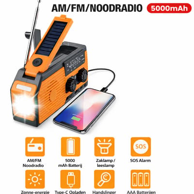 Noodradio – Opwindbaar & Zonne-energie – 5000 mAh Powerbank – Met Zaklamp en SOS-alarm