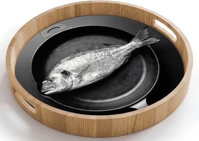 Dienblad rond 40x40 cm - Schootdienblad hout - Pan - Vis - Zwart - Wit - Borrelplank rechthoek - Plateau houten dienbladen