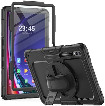 Hoes met ingebouwde Screenprotector Geschikt voor Samsung Galaxy Tab S10 Ultra/S9 Ultra | Inclusief 360° Draaibare Handriem en Schouderriem | Extreme bescherming | Ideaal voor zakelijk gebruik | Zwart