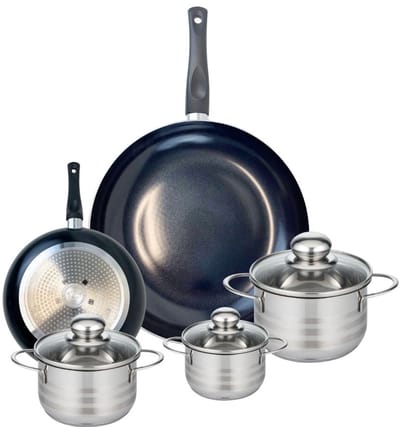 Set van 2 Koekenpannen 20 en 32 cm en 3 kookpotten 12, 14 en 16 cm Elo Prima Glanzend