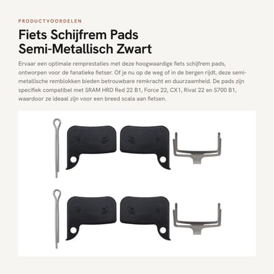 Dailygoods- Schijfrem Pads - 2 Paar - Semi-Metallisch - Compatibel met SRAM HRD/Rival 22 - Geluidsarm - Afmetingen 30 x 26 mm - Inclusief Veren/Clips - Remblokken