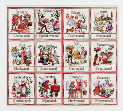 Pako Borduurpakket met telpatroon - Twaalf maanden met antieke afbeeldingen - 219.247 - voorgesorteerd garen - Jobelan - 75 x 85 cm - DIY kit