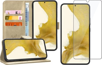 Hoesje geschikt voor Samsung Galaxy S22 Plus - Book Case Kunstleer Wallet Cover Portemonnee Pasjeshouder Hoes Goud - Tempered Glass Screenprotector