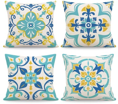 Dailygoods- Kussenhoezen Set van 4 - Boho Bloemenprint - Linnen 45 x 45 cm - Verborgen Ritssluiting - Machinewasbaar - Decoratieve Kussenhoezen - Kussenslopen