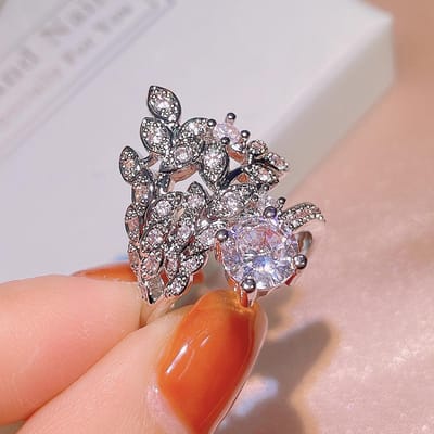 Bague fleur simple pleine de diamants argent tempérament de luxe léger zircon bague feuille bijou cadeau de fête d'anniversaire 9 gray