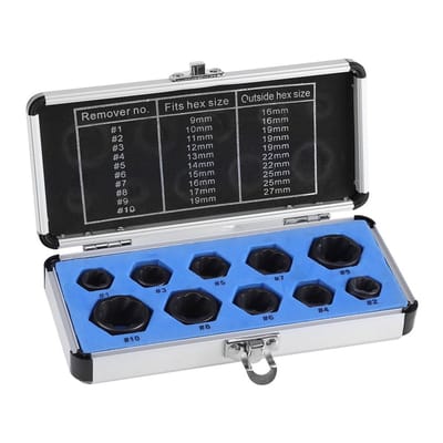 Dailygoods- Moer Verwijderaar Set - 10 Stuks - Geschikt voor Maten 9-17mm - Gereedschap voor Beschadigde Moeren - Schokbestendig - Lichtgewicht Behuizing - Schroefverwijderaar