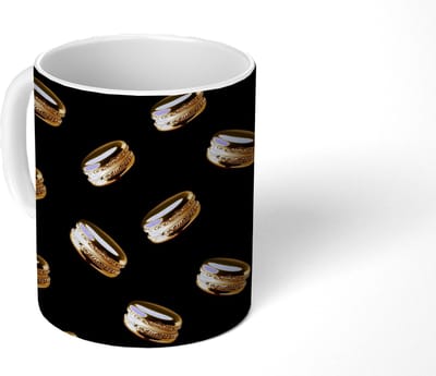 Mok - Koffiemok - Macarons - Patroon - Goud - Zwart - Mokken - 350 ML - Beker - Koffiemokken - Theemok