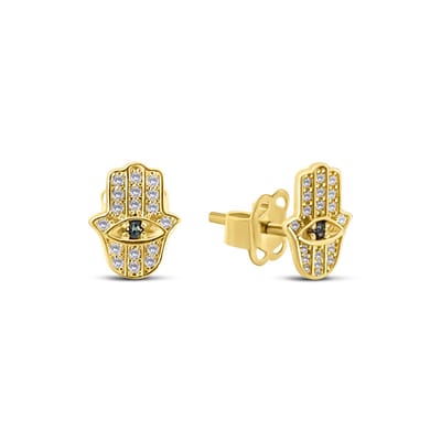 New Bling 9NBSAM-G230241 Gouden Oorknopjes met Zirkonia Fatima Handje - 8,5x6,7mm - Blauw Safier - 14 Karaat - Goud