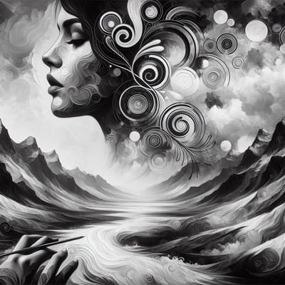 Olieverf zwart wit schilderij | Monochrome meesterwerk: een symbiose van licht en duisternis | Kunst - 30x30 centimeter op Dibond | Foto op Dibond