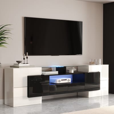 DESMIU Tv Meubel - Hoogglans Kast Met Ledverlichting En Veel Opbergruimte - Voor Woonkamer - Spaanplaat Wit Zwart - 200x35x60 Cm