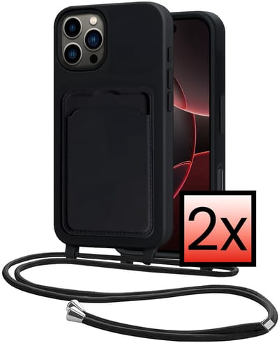 Hoes Geschikt voor iPhone 16 Pro Hoesje Pasjeshouder Cover Met Koord Case Siliconen Hoes Met Telefoonkoord en Kaarthouder - Zwart - 2 PACK