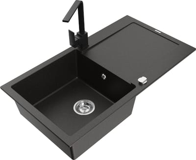 Mexen Leo granieten spoelbak met 1 kom, afdruipgedeelte en keukenmengkraan Rita, zwart/goud metallic - 6501-75-670300-70