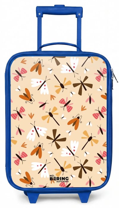 NoBoringSuitcases.com® - Kinderkoffer blauw - Kindertrolley jongen - Insectenpatroon in bruin, roze en oranje op beige achtergrond - Koffer kind lichtgewicht - Reiskoffer trolley voor kinderen - Koffertje met lichtgevende wieltjes - Rolkoffer