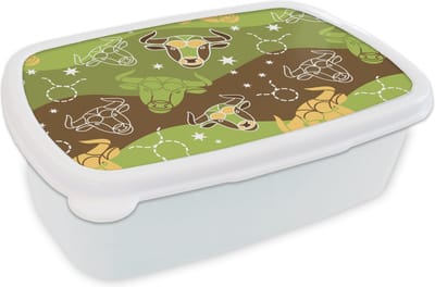 Broodtrommel Wit - Lunchbox - Brooddoos - Stier - Zodiac - Groen - Patroon - 18x12x6 cm - Volwassenen