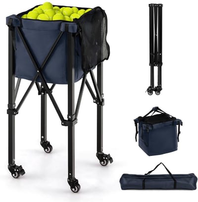 Trendmix Verrijdbare Aluminium Ballenmand Draagbaar Met 4 Wielen - Tot 150 Tennisballen - Inklapbaar En Lichtgewicht - Ballenkar trolley - Met Zijvak en Draagtas - Blauw