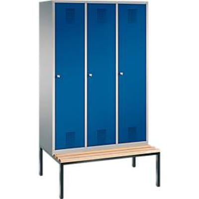 Garderobekast met bankje eronder, 3 vakken, cilinderslot, wit aluminium/enziatisch blauw