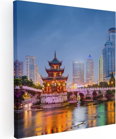 Artaza Canvas Schilderij Stad - 30x30 cm - Klein - Wanddecoratie China - Muurdecoratie Pagode Verlicht - Kamer Accessoires