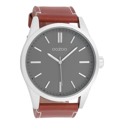 OOZOO Timepieces - Zilverkleurige horloge met cognac leren band - C7841