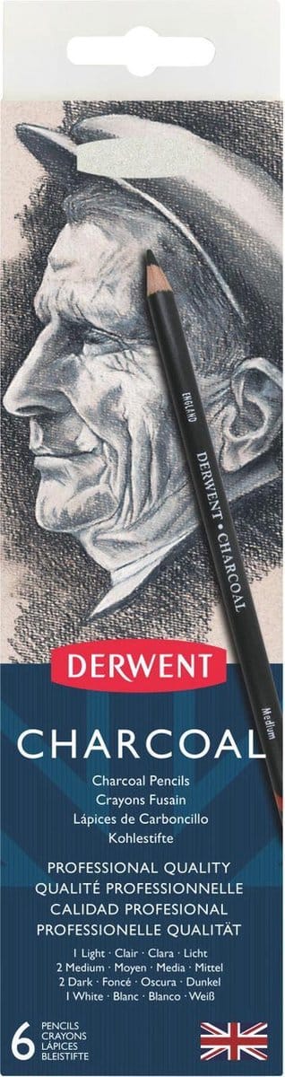 Derwent Houtskool Potloden - Met Puntenslijper - In blik - 4mm - 6 stuks