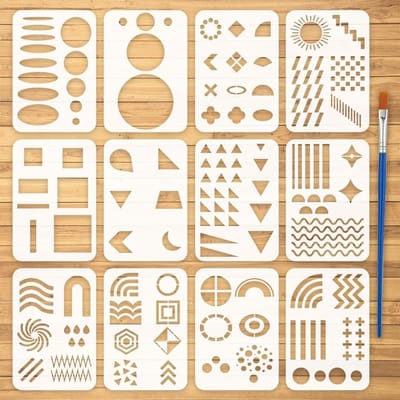 Dailygoods - 12-Delige Set Geometrische Vorm Sjablonen met Verfkwast - Voor Schilderen en Creatieve Projecten