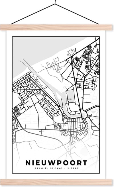 Posterhanger incl. Poster 40x60 cm - Schoolplaat - Plattegrond – Nieuwpoort – Zwart Wit – Stadskaart - Kaart - België - Textielposter - Blanke latten - Stadskaart