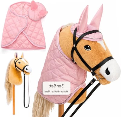 Stokpaard met Deken - Hobbypaard Hobby Horse - Actief Spelen - Compleet Accessoireset - 35 cm Stok - Beige en Roze